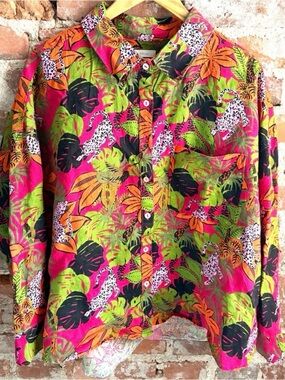 Cynthia Rowley Vibrant Jungle Print Button Down Shirt Linen